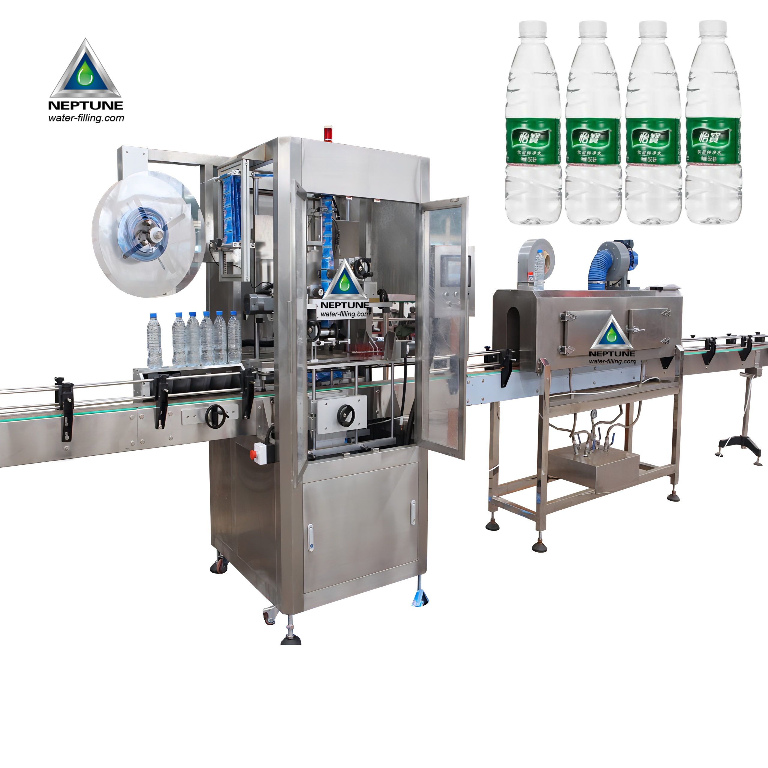 Bottle-Water Sleeve Shrink Labeling Machine complete set included sleever, shrink tunnel and 6 motor conveyor belt with motor