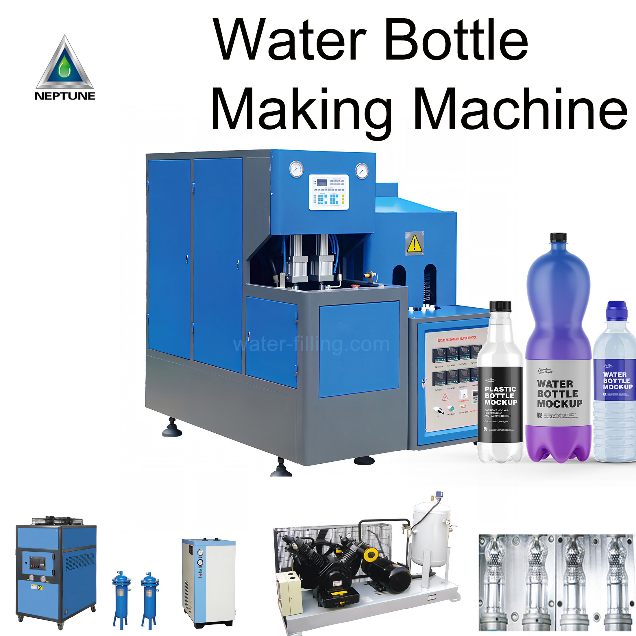 water bottle making machine complete set included blower, heater, mold, air dryer, air filter and air compressor. It is for making 200ml to 2 liter plastic water bottle. 